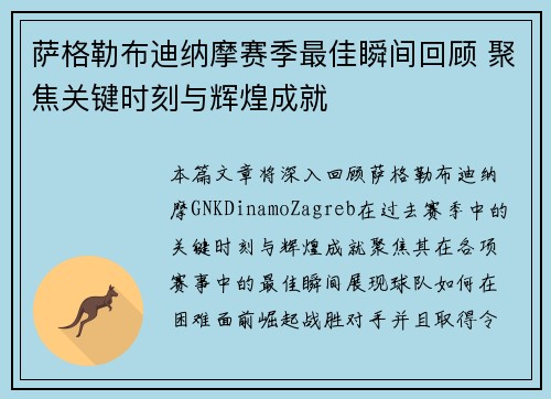 萨格勒布迪纳摩赛季最佳瞬间回顾 聚焦关键时刻与辉煌成就