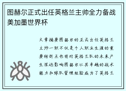 图赫尔正式出任英格兰主帅全力备战美加墨世界杯